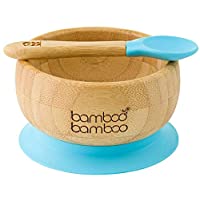 Set de Bowl adherente y cuchara para bebé en combinación- Bowl que no se despega de la mesa al comer- Bambú natural…